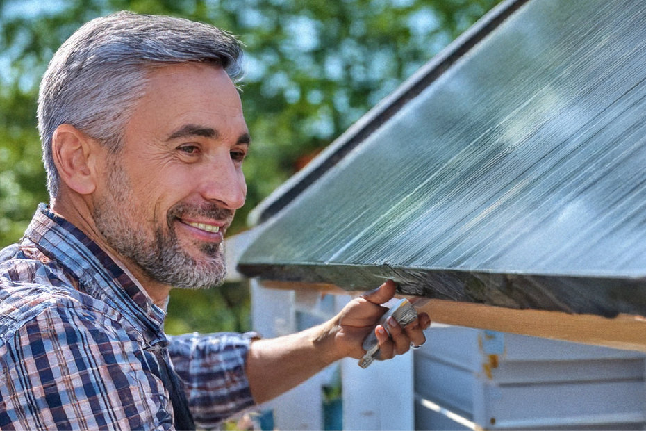 EPDM Folie für DIY Bauprojekte Mann, der Folie an Dach festmacht