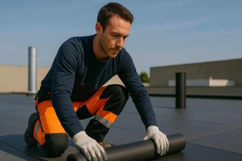 Handwerker, der EPDM Folien auf einem Dach verlegen