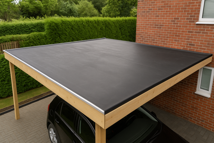 Fertig verlegte EPDM Dachfolie 1 mm auf Garage mit sauberem Abschluss