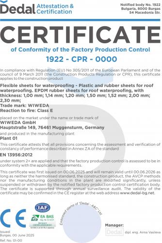 Brandschutzzertifikat EPDM Dachfolie gemäß EN 13956, Reaktion auf Feuer Klasse E