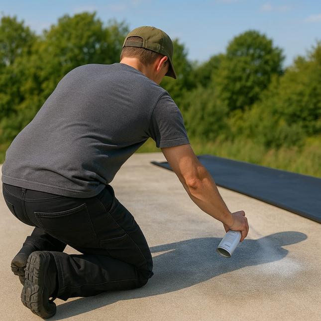 Handwerker, der EPDM Kontaktkleber auf einem Beton-Dach aufbringt Handwerker, der EPDM Kontaktkleber auf einem Beton-Dach aufbringt